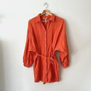 Free People Moni Mini Boho Orange Cotton Linen Shirt Dress Women's Size Small